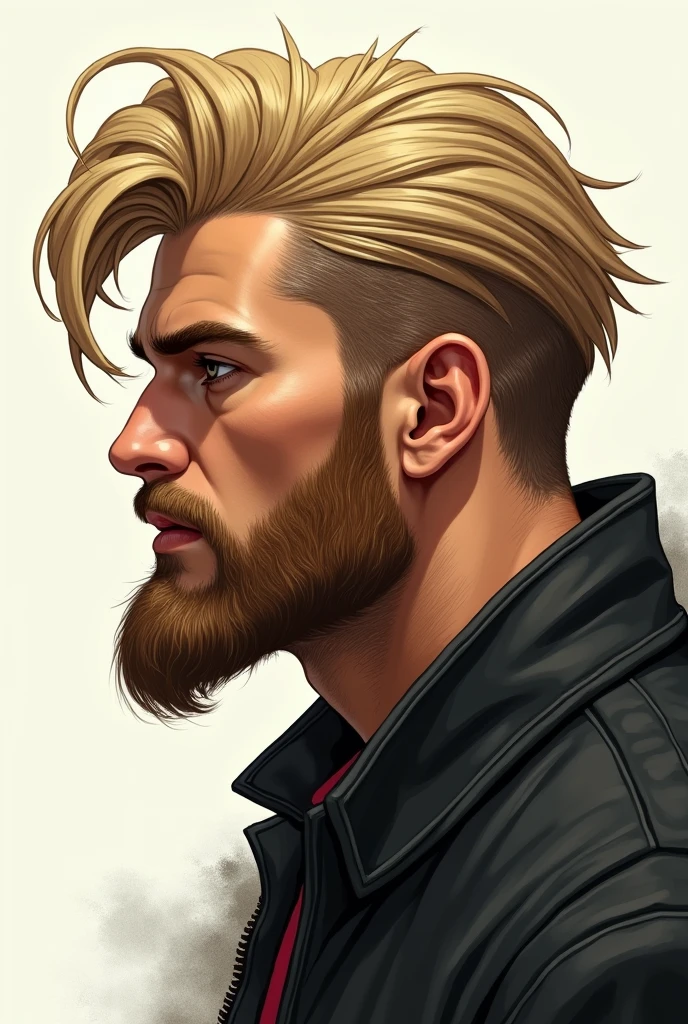 Man with well-defined face, beard and blond hair, drawn style, face sideways, looking to the side
