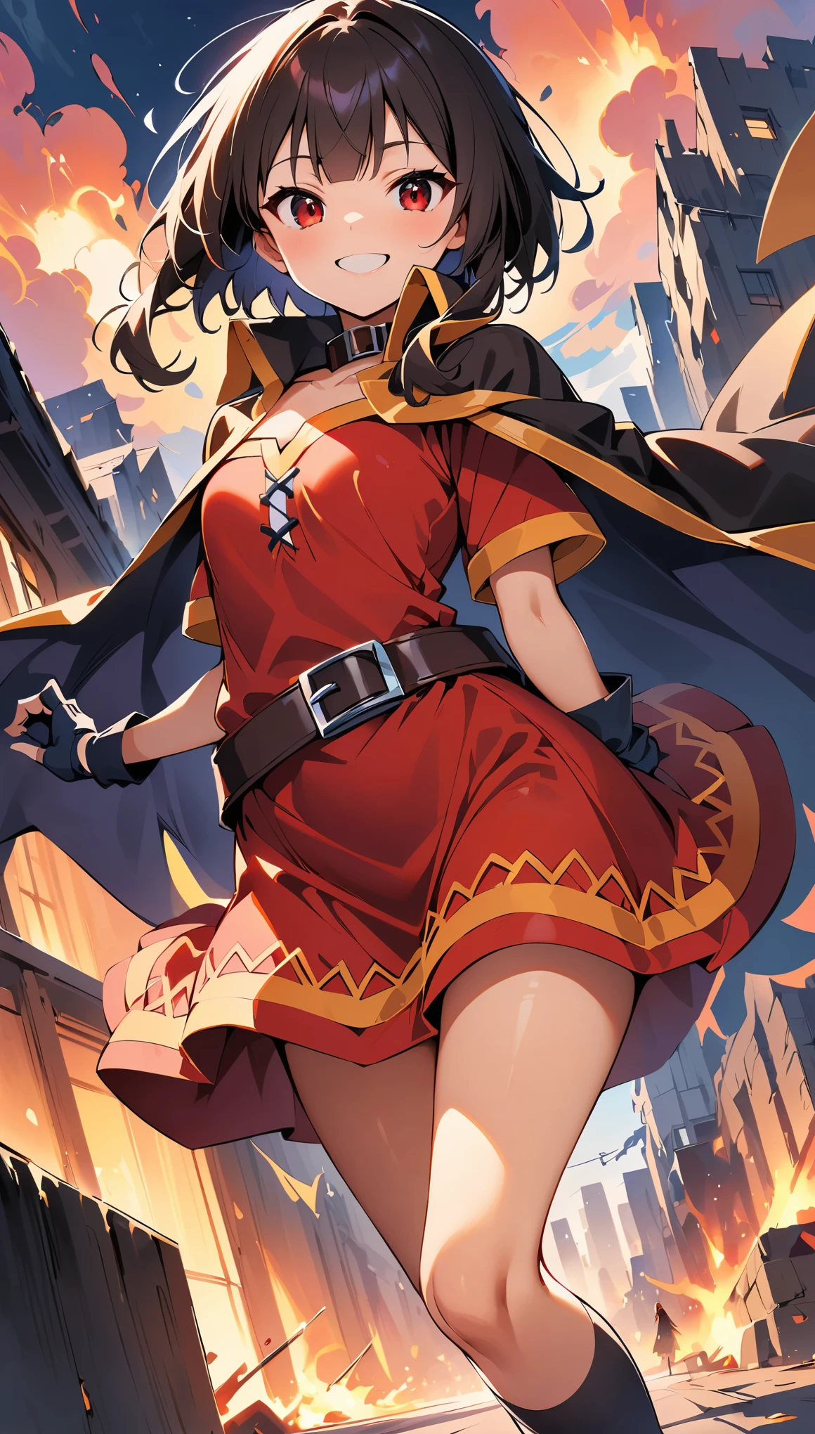 (Highest quality:1.2, Very detailed, Latest, Vibrant, Ultra-high resolution, High Contrast, masterpiece:1.2, Best aesthetics), (((1 person))), \(KonoSuba\), (Megumin), short hair, Black Hair, (Red eyes:1.3), short hair with long locks, Knee socks, gloves, have, dress, black gloves, belt, black Knee socks, fingerless gloves, Cape, collar, witch have, bandage, red dress, シングルKnee socks, Asymmetrical legwear, bandageを巻いた足, Dynamic Angle, Mischievous smile, Very detailedな顔と肌の質感, Face Close Up, Exploded building background, burst, Wind, Sound pressure, burst魔法で爆発する。