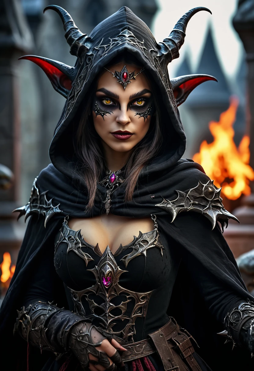 Necromancer princess in dark Hood with goblin abominations, uhd, hdr,