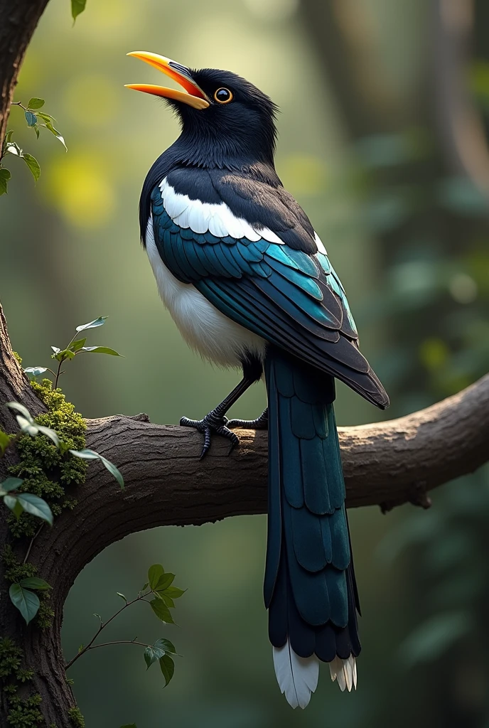the rock magpie bird chirps with its beak open and with beautiful feathers and a long tail sticking out while gripping a tree branch fine art