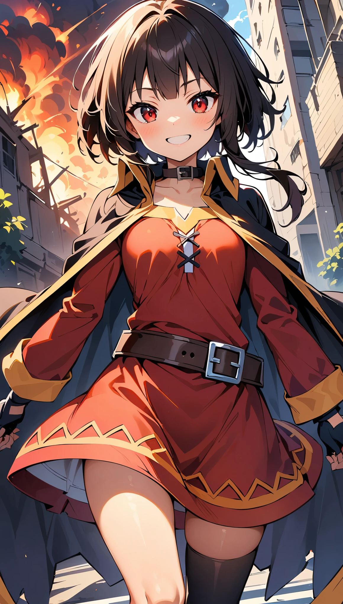 (Highest quality:1.2, Very detailed, Latest, Vibrant, Ultra-high resolution, High Contrast, masterpiece:1.2, Best aesthetics), (((1 person))), \(KonoSuba\), (Megumin), short hair, Black Hair, (Red eyes:1.3), short hair with long locks, Knee socks, gloves, have, dress, black gloves, belt, black Knee socks, fingerless gloves, Cape, collar, witch have, bandage, red dress, シングルKnee socks, Asymmetrical legwear, bandageを巻いた足, Dynamic Angle, Mischievous smile, Very detailedな顔と肌の質感, Face Close Up, Exploded building background, burst, Wind, Sound pressure, burst魔法で爆発する。