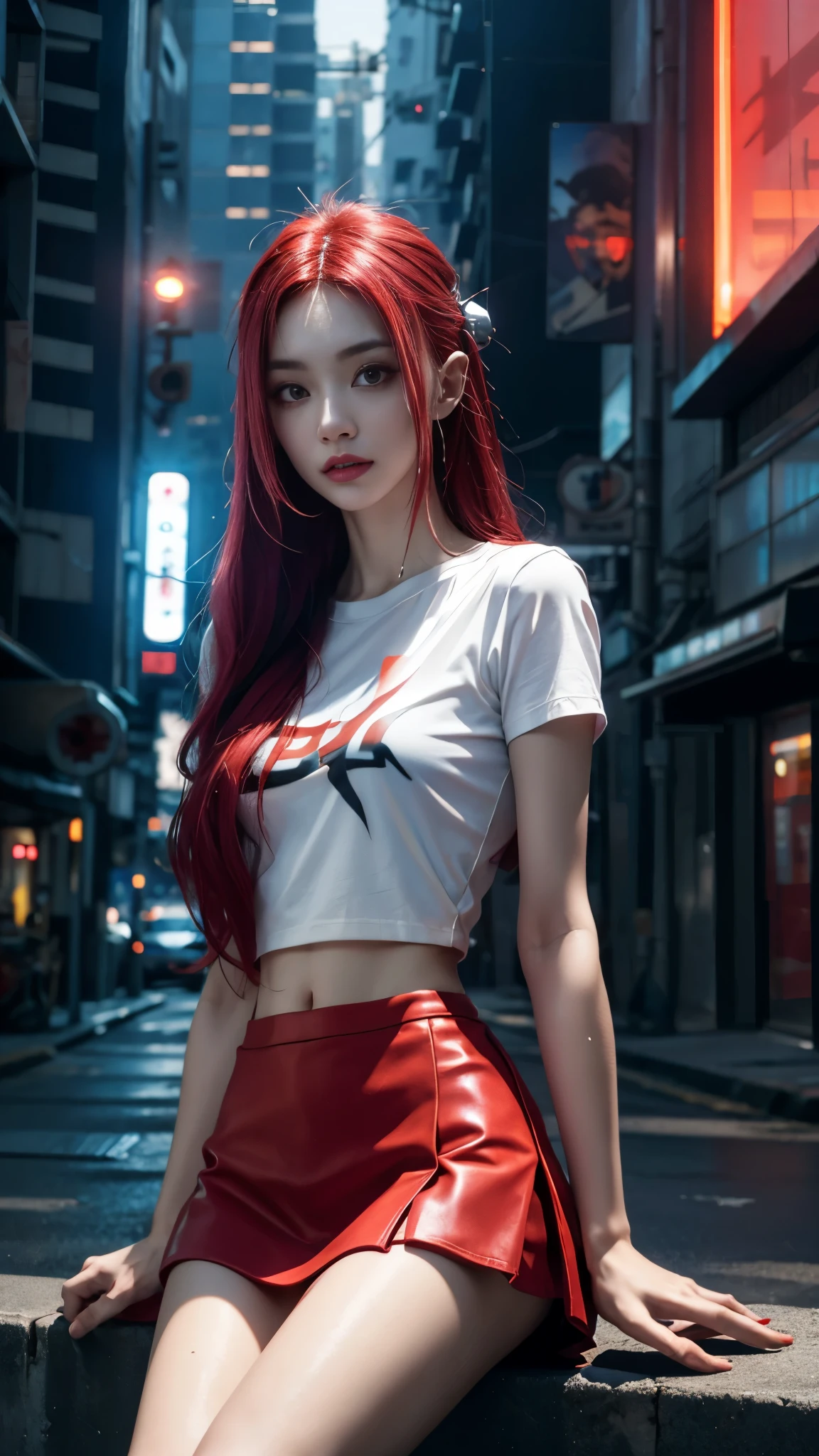 8k, UHD, masterpiece, 1 girl, ((good face)), very long hair, light makeup, (white skin:1.2), detailed eyes, small bust, simple cyberpunk clothing, ((red t-shirt)), ((mini skirt)), (cyberpunk lighting:1.4), (building roadside), light effect, light reflection, ((spreading lights)), cyberpunk, cybercity, futuristic, (night), ray tracing, bloom, perfect pose, sitting,