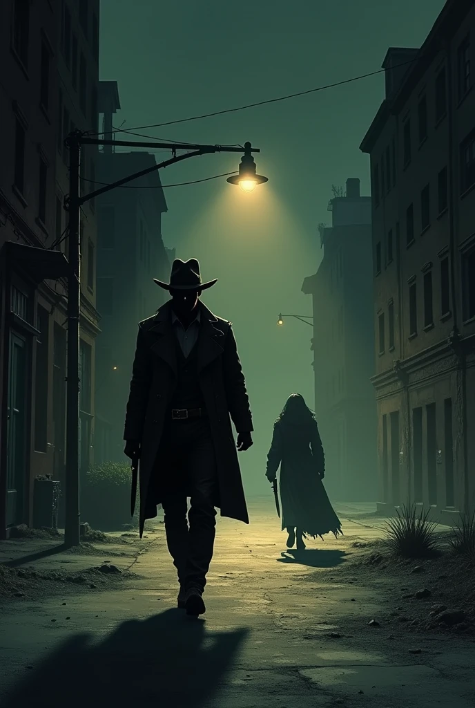 In empty street at night with one street light flickering a man in an western jacket with knife in a hand is walking and is followed by a supernatural women from other world