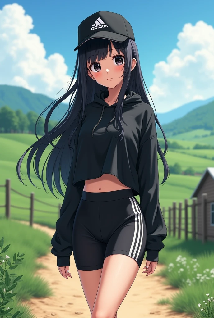 sexy tall anime girl, long black hair, black eyes, barefoot, wear black adidas cap, wear black adidas hood, wear black adidas hot pants, background is countryside