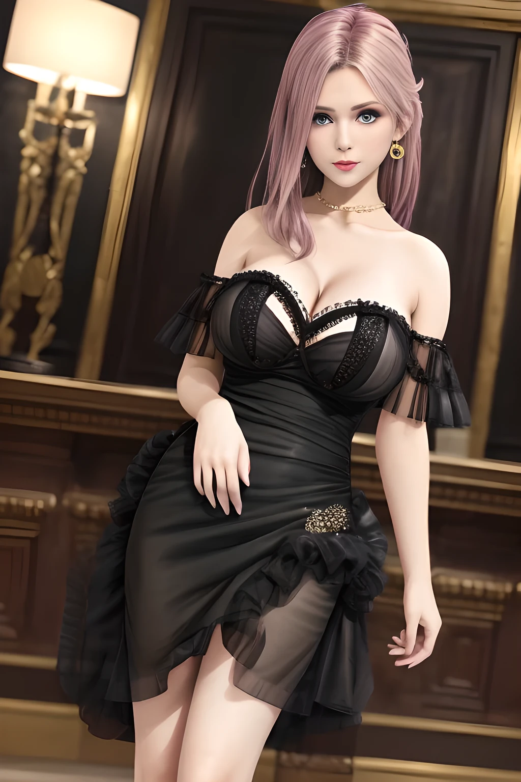 1girl ,flirtatious expression, wearing an elegant black strapless dress. The perspective-dress is beautifully designed with ruching on the bodice and a cascading ruffled asymmetrical hem, adding a playful and chic touch to the outfit. The person is standing upright, with one hand gently touching their leg and the other hand relaxed by their side. The background is plain and neutral, drawing attention to the dress itself. The lighting is soft, highlighting the details of the dress and creating a fashionable and stylish atmosphere,, huge breasts,mature women, elise