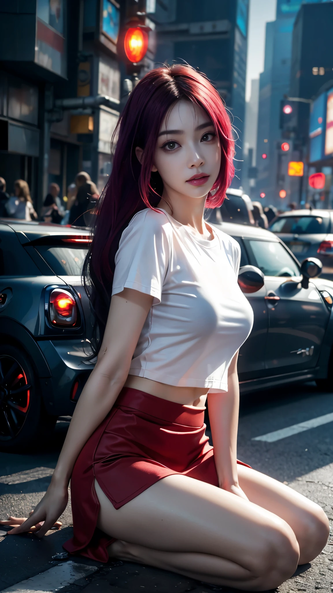 8k, UHD, masterpiece, 1 girl, ((good face)), very long hair, light makeup, (white skin:1.2), detailed eyes, small bust, simple cyberpunk clothing, ((red t-shirt)), ((mini skirt)), (cyberpunk lighting:1.4), (building roadside), light effect, light reflection, ((spreading lights)), cyberpunk, cybercity, futuristic, (night), ray tracing, bloom, perfect pose, sitting,