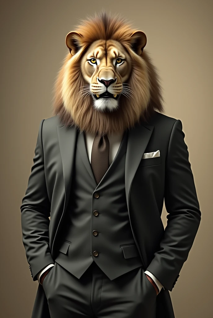 A fluffy Realistic lion man with wearing a suit Facing forward. Sepia.vintage.old. photograph. Live-action version