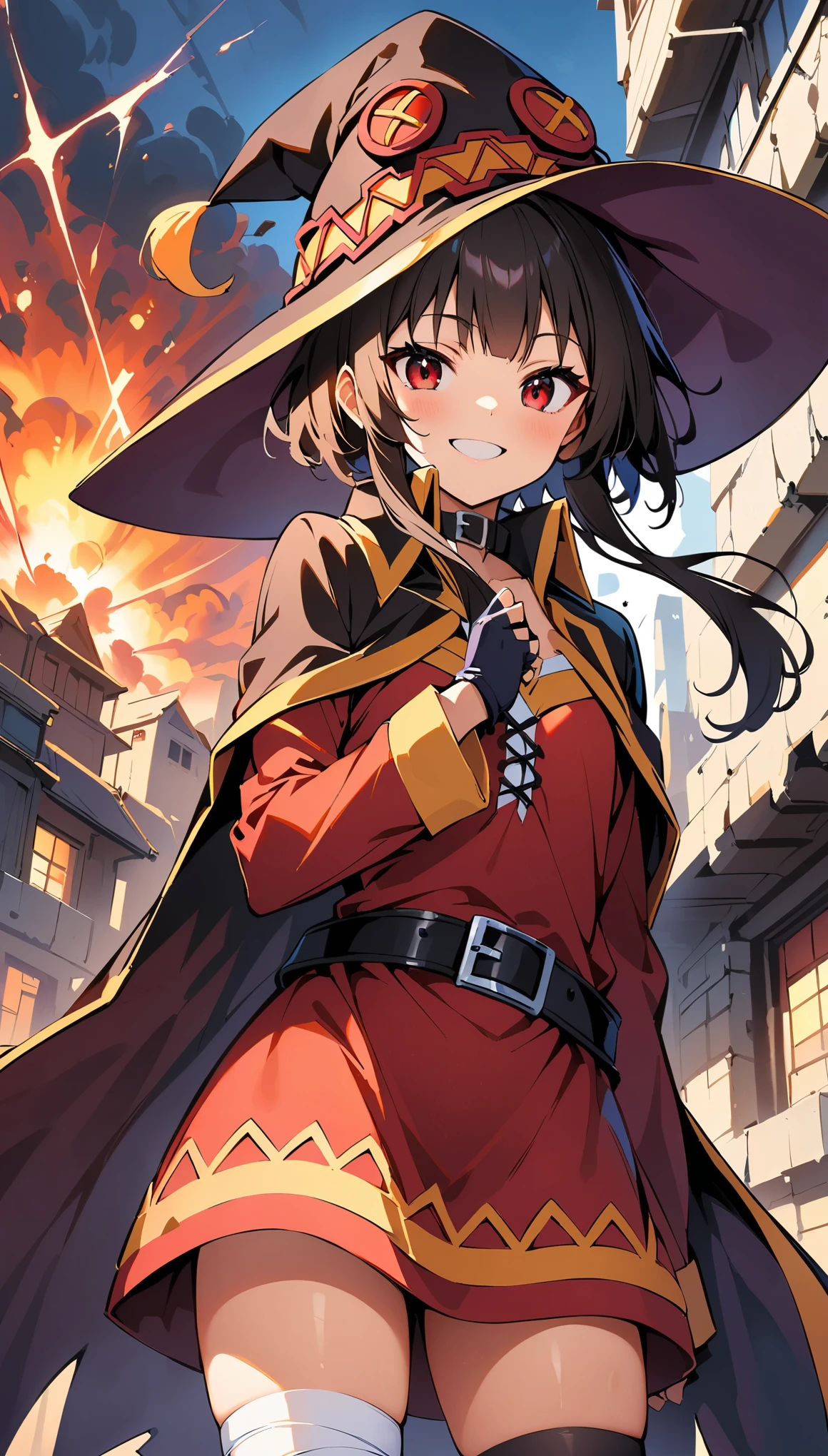 (Highest quality:1.2, Very detailed, Latest, Vibrant, Ultra-high resolution, High Contrast, masterpiece:1.2, Best aesthetics), (((1 person))), \(KonoSuba\), (Megumin), short hair, Black Hair, (Red eyes:1.3), short hair with long locks, Knee socks, gloves, have, dress, black gloves, belt, black Knee socks, fingerless gloves, Cape, collar, witch have, bandage, red dress, シングルKnee socks, Asymmetrical legwear, bandageを巻いた足, Dynamic Angle, Mischievous smile, Very detailedな顔と肌の質感, Face Close Up, Exploded building background, burst, Wind, Sound pressure, burst魔法で爆発する。