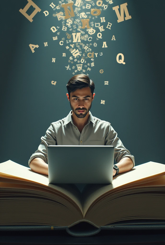 Simply a complex image with great meaning, letters falling on a computer keyboard digital on top of a book , technical man laptop on hand