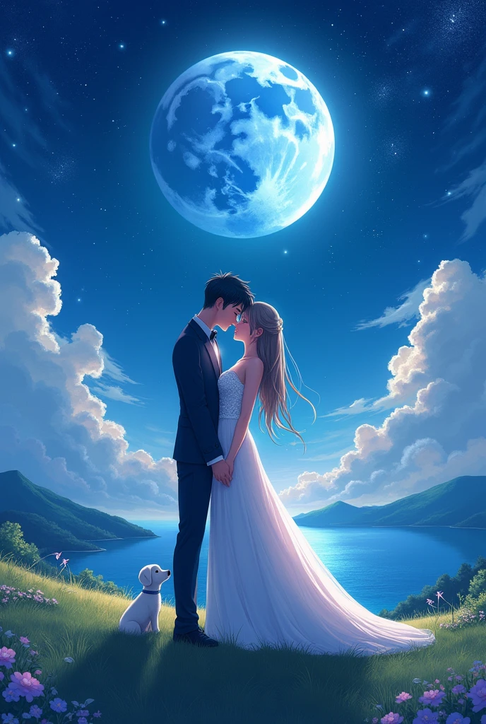 Imagine to couples on the hill station with anime effect 4k hd wallpapers with the pixel range 1300*2201 dazzling background with night stars seeing the big blue moon on the sky, a cute dog which is white colour small puppy size blow their knees and one star is falling from the sky on their head also sea is near they kissed each other on lip to lip they wearing wedding dresses of Cristian style they hug