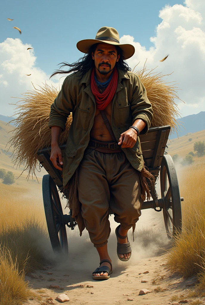 Mapuche man dragging a cart behind him standing while walking sideways