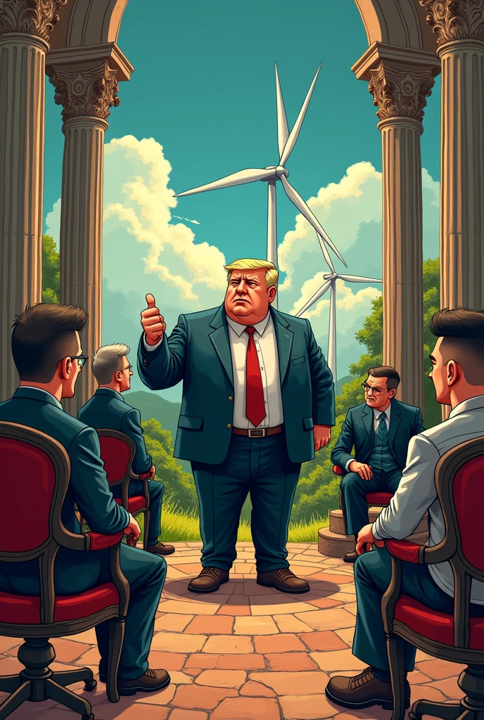 Let's create a cartoon about a historical park in Bulgaria, where the boss has an obsession with grandeur and his subordinates are ready to die for him, regardless of the fact that he manipulates them financially by taking their money, lying to them about how wind turbines are dangerous and they will kill the population and nature