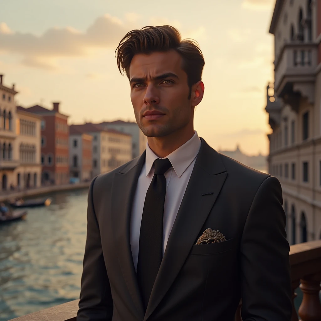 A mature, successful businessman, a modern reincarnation of Constantine the Great, a serious and attractive young man with a kind and earnest expression, a calm and composed demeanor, capable of being resolute when necessary, bright and piercing lion-like eyes, ((deep golden eyes)), in the scenic landscape of Venice at dawn.
