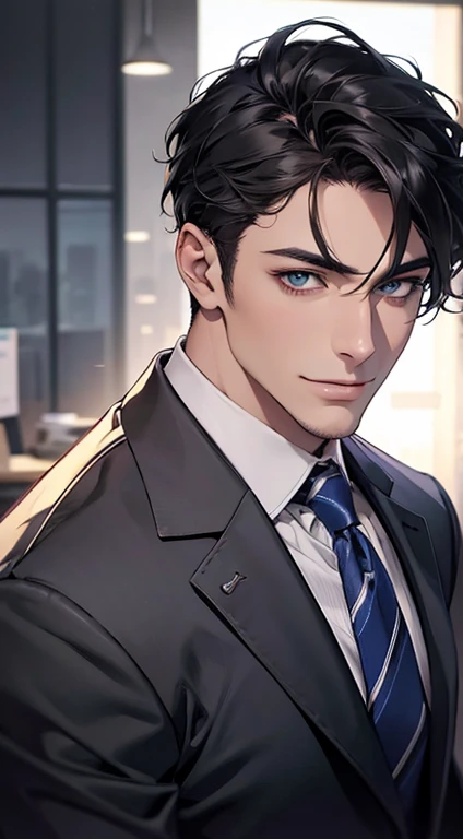 (Highest quality,4K,8K,High resolution,masterpiece:1.2),Super detailed,(Realistic,photoRealistic,photo-Realistic:1.37),1 personld,Mature Man,Beautiful skin、Profile、very handsome,Expressionless,smile,Short gray black hair,blue eyes,Sharp Eyes,A perfect face without a doubt,Businessman,Office Background,Cinema Lighting,HDR image,tie、