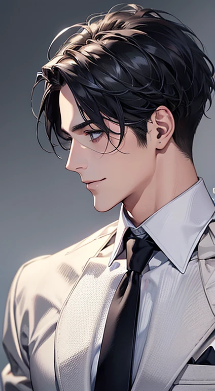 (Highest quality,4K,8K,High resolution,masterpiece:1.2),Super detailed,(Realistic,photoRealistic,photo-Realistic:1.37),1 personld,Mature Man,Beautiful skin、Profile、very handsome,Expressionless,smile,Short gray black hair,blue eyes,Sharp Eyes,A perfect face without a doubt,Businessman,Office Background,Cinema Lighting,HDR image,tie、