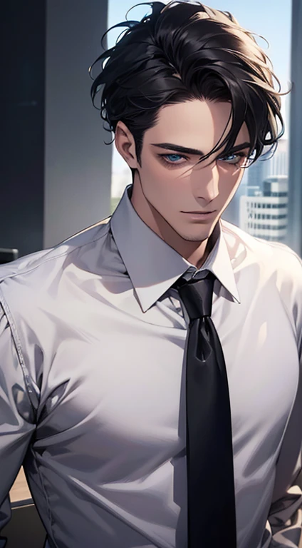 (Highest quality,4K,8K,High resolution,masterpiece:1.2),Super detailed,(Realistic,photoRealistic,photo-Realistic:1.37),1 personld,Mature Man,Beautiful skin、Profile、very handsome,Expressionless,smile,Short gray black hair,blue eyes,Sharp Eyes,A perfect face without a doubt,Businessman,Office Background,Cinema Lighting,HDR image,tie、