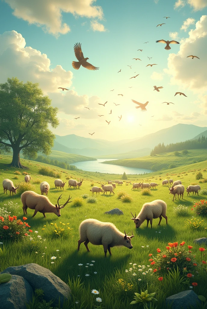 Field with animals and birds