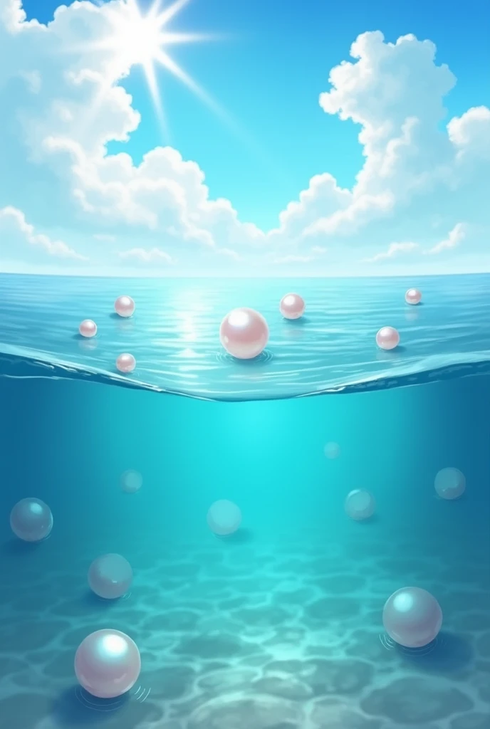 creates a crystal clear sea with the sky in the background and pearls in the sea on the surface and the large pearls