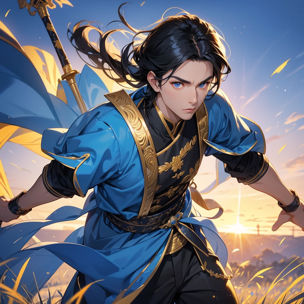 Handsome black-haired male holding a large sword in golden ancient Chinese costume, strolling among by the nemophila fields glowing blue, sunset, close up.