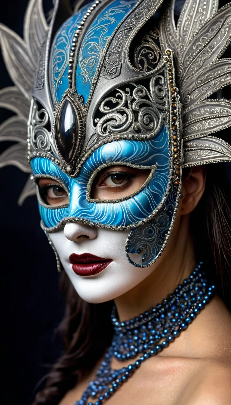 Portrait of a woman in a richly decorated masquerade mask. the mask has high detail and elegant style. the design creates an atmosphere of mystery, fantasy, horror, H.R. Giger style, highly detailed, dramatic lighting