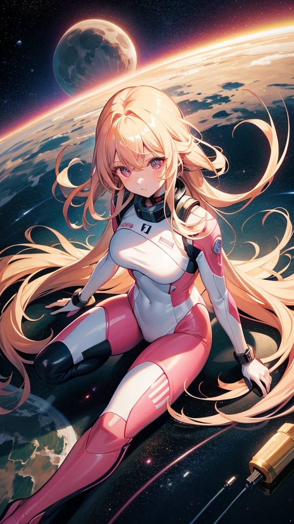 One adult woman, pink eyes, long blonde hair, space, plug suit