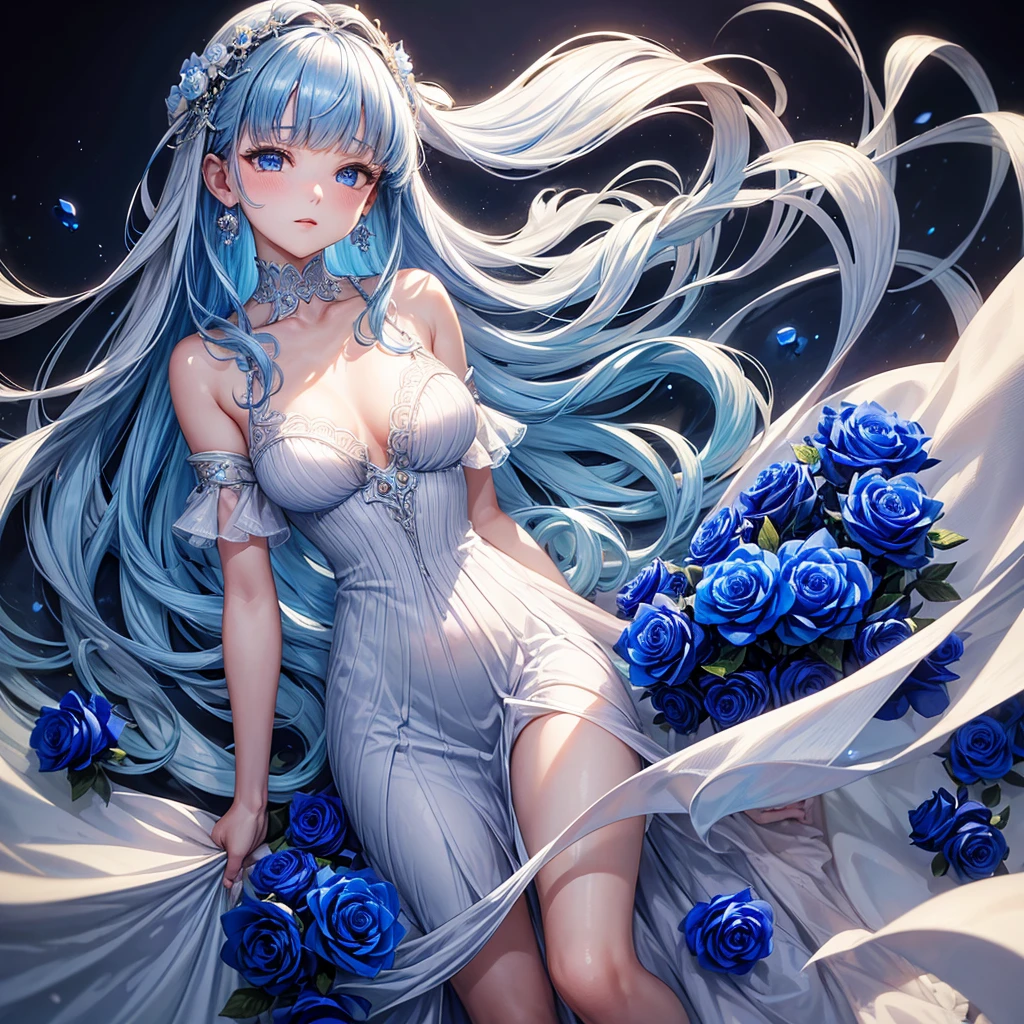 ((Highest quality)),(Ultra-high resolution),A dress with a flared skirt made of deep blue roses,Highly detailed CG Unity 8k wallpaper, , Earrings, Blue hair, Curly Hair, Blunt bangs, Straight bangs, Blue eyes, White skin, Gal, Her small breasts are hidden by her dress