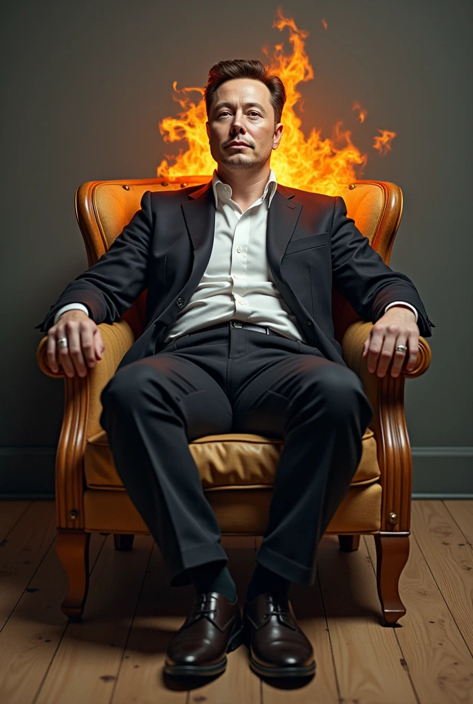 elon musk se tenant assis sur une chaise en bois entre ses jambes a la place de son penis il sort une fusée de son pantalon prete a decollée avec les flammes dans son caleçon