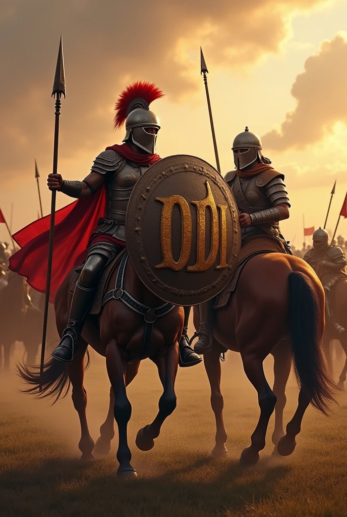 arafed image of a man on a horse with a flag, leading spartans into battle, caesar victorious, background of invading army, inspired by Caesar van Everdingen, inspired by Roman Bezpalkiv, fall of rome, invading army background, roman empire, inspired by Caesar Andrade Faini, roman centurion, roman legionnaire