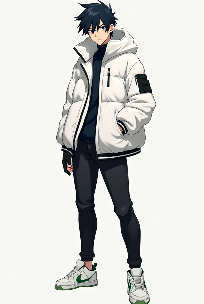 A male age anime style character With slightly long, black hair that is a bit spiky with long hair between his eyes, big navy blue eyes, Jaketa Thick white jacket, black pants, white sneakers with green, and with black gloves.