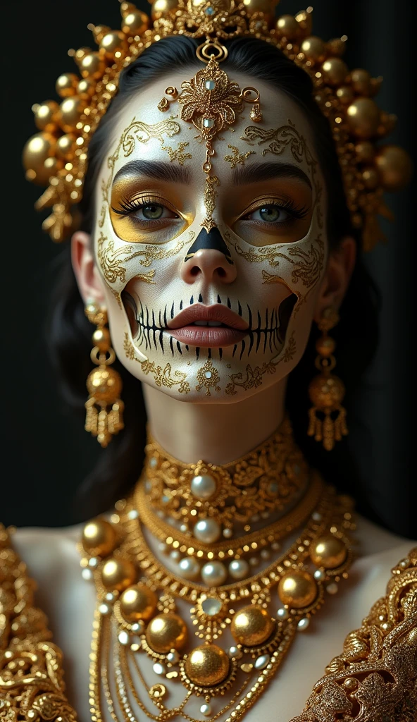 The woman wears gold and gold makeup,The style of the skull pattern,Covered with luxurious jewelry, jewelry, luxury goods, Dark white and dark bronze, Jewelry for painters and sculptors,High details,Realistic,hyper intricate details, 8K, Cinematic lighting, Cinematic