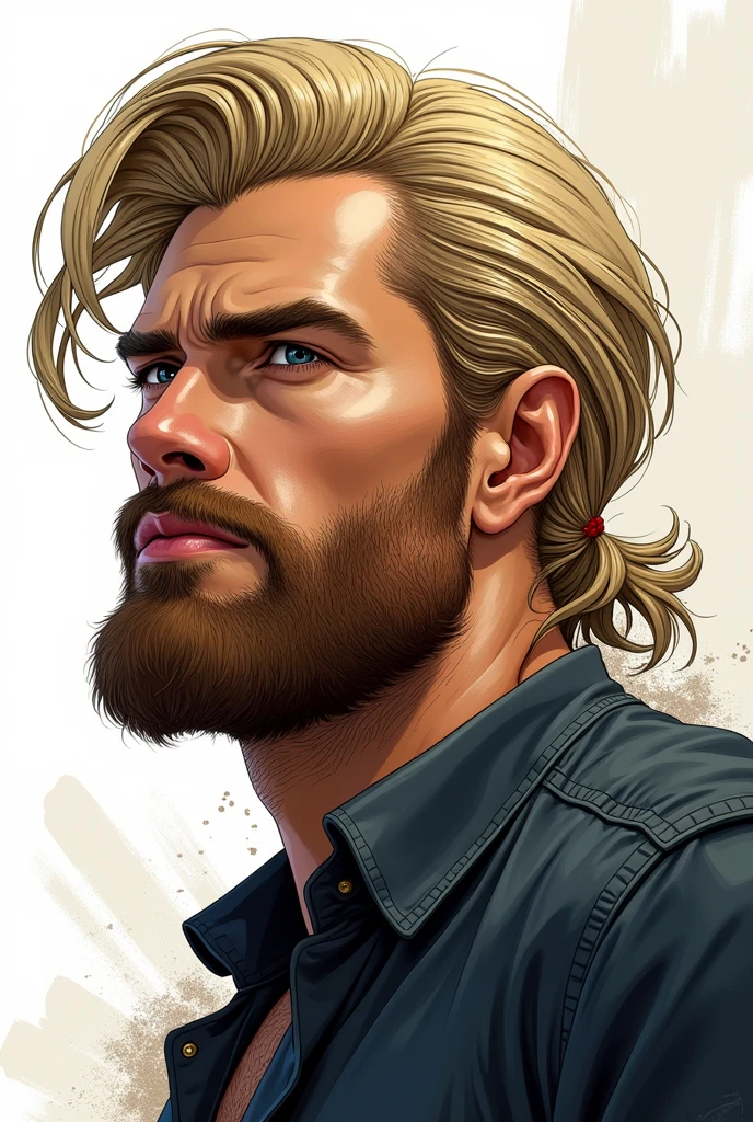 Man with well-defined face, beard and blond hair, drawn style, face sideways looking sideways