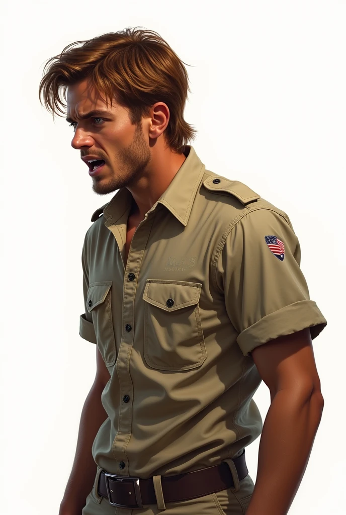 Create a hyper-realistic illustration of a young man, skin tanned, jaw and marked features, eyes browns, AND MEDIUM LONG HAIR, well combed back and coppery brown color, fully body, safari outfit, white background, scared