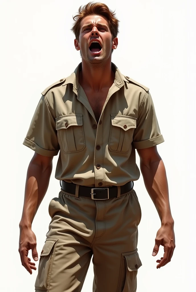 Create a hyper-realistic illustration of a young man, skin tanned, jaw and marked features, eyes browns, AND MEDIUM LONG HAIR, well combed back and coppery brown color, fully body, safari outfit, white background, scared