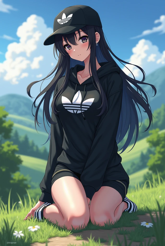 sexy anime girl, long black hair, wear black adidas striped slippers white and black, black eyes, barefoot, wear black adidas cap, wear black adidas hood, wear black adidas hot pants, background is countryside
