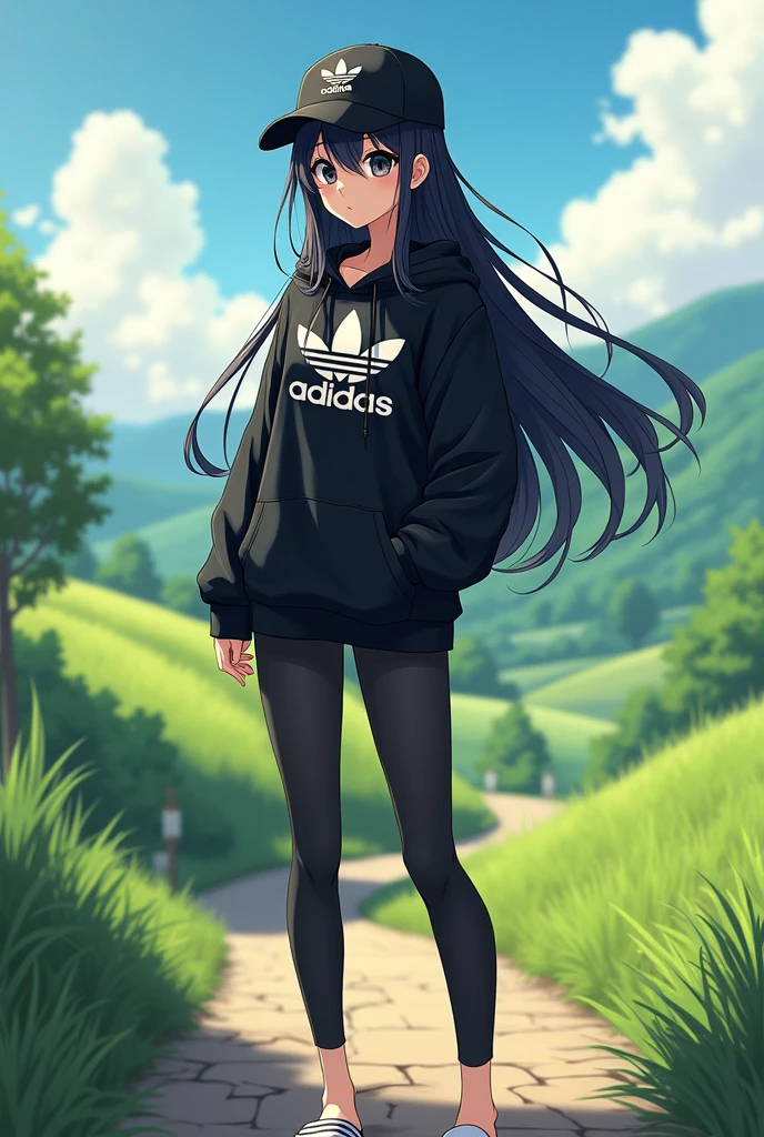 sexy anime girl, long black hair, wear black adidas striped slippers white and black, black eyes, barefoot, wear black adidas cap, wear black adidas hood, wear black adidas hot pants, background is countryside