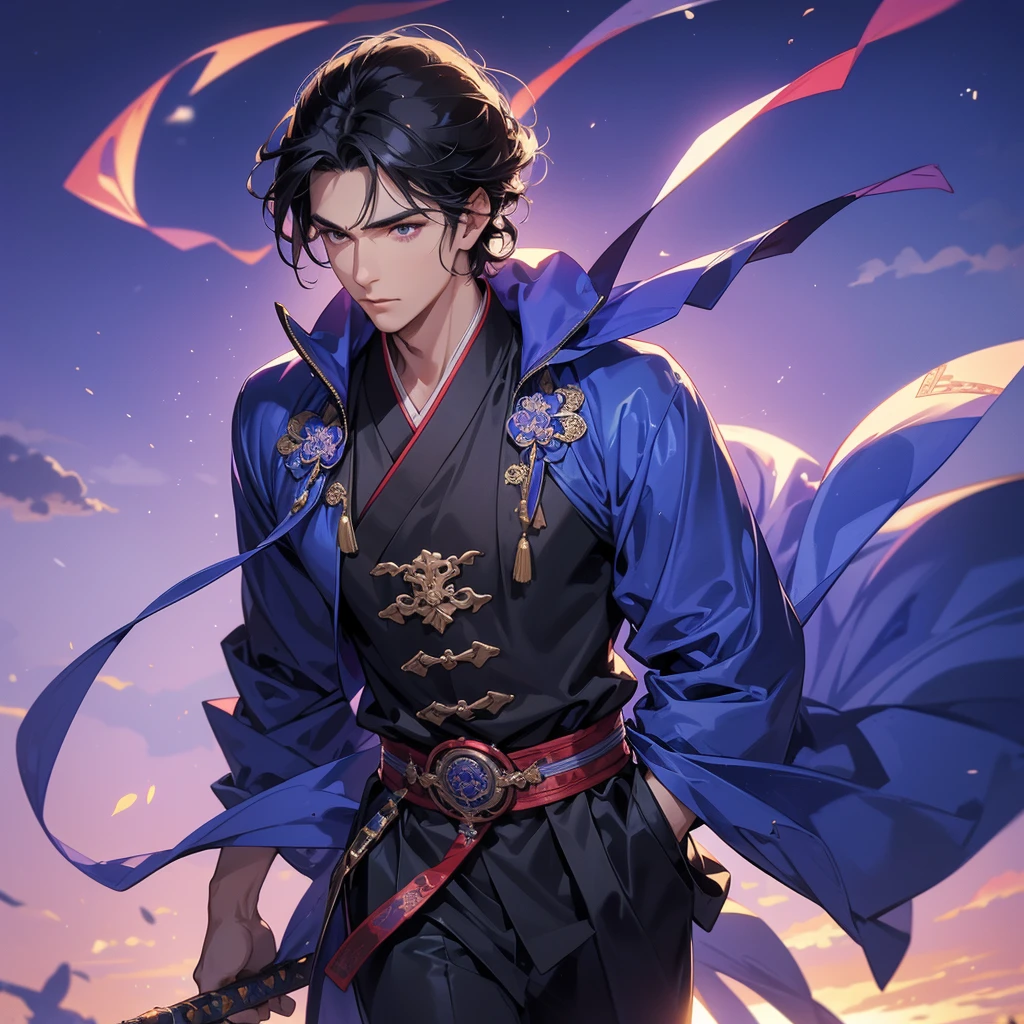 Handsome black-haired male holding a large sword in violet ancient Chinese costume, strolling among by the nemophila fields glowing blue, sunset, close up.