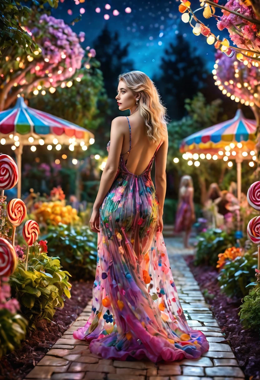 a detailed photo of Lyra Crow in a sheer colorful gown without underwear, strolling through a candy land garden in full bloom on a moonlit night, sultry poses, mainly viewed from behind, best quality,4k,8k,highres,masterpiece:1.2,ultra-detailed,realistic,photo-realistic:1.37,HDR,UHD,studio lighting,ultra-fine painting,sharp focus,physically-based rendering,extreme detail description,professional,vivid colors,bokeh,portrait