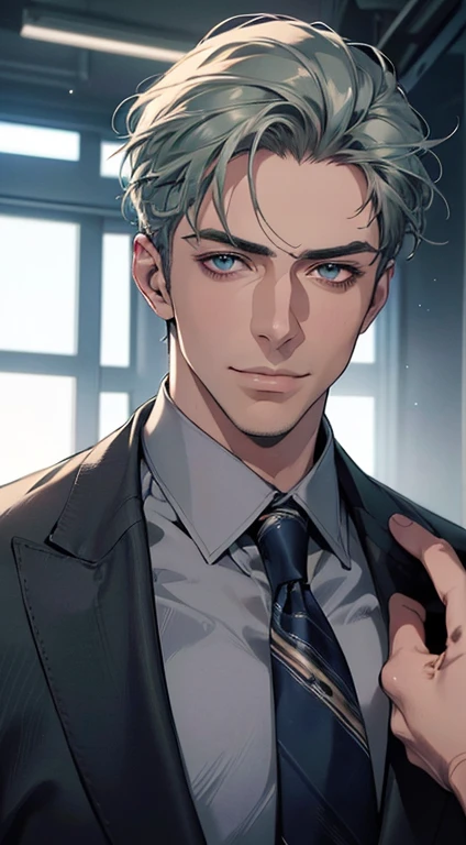 (best quality,4k,8k,highres,masterpiece:1.2),ultra-detailed,(realistic,photorealistic,photo-realistic:1.37),1 man,3,mature man,very handsome,without expression,smile,short grey green hair,blue eyes,penetrating gaze,perfect face without errors,imposing posture,businessman,office background,cinematic lighting,hdr image