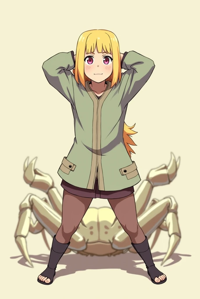 Draw Tsunade from Naruto in an anime style。I made Tsunade pose with her legs wide apart and her hands behind her head.。With a bashful expression。Depict the body being controlled。More Crab-legged。