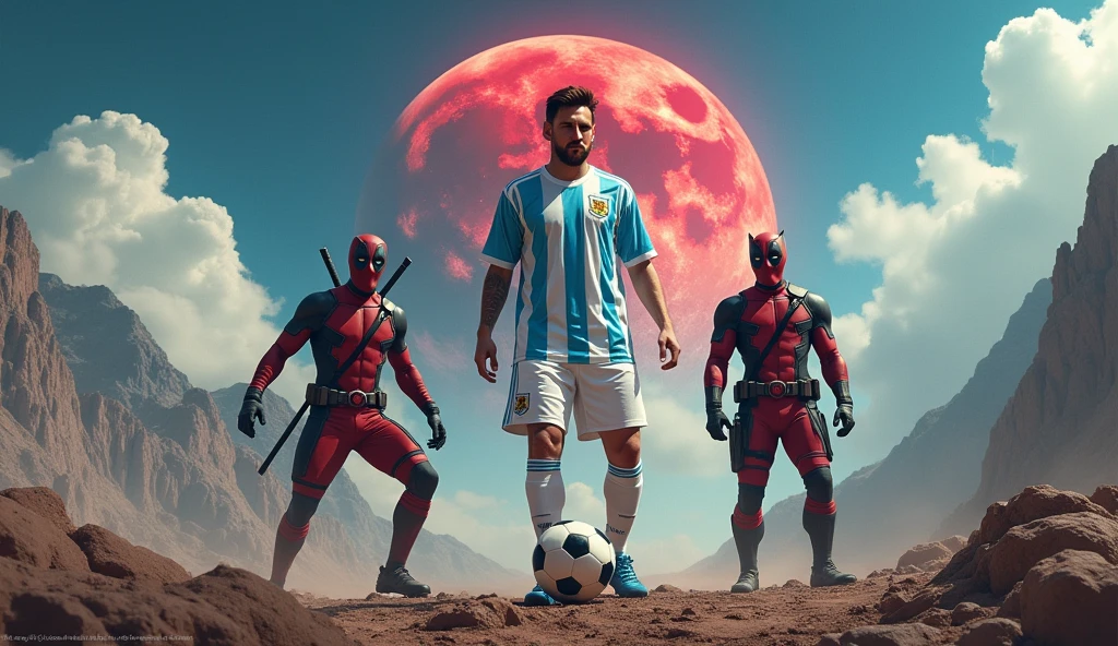 Generate an image showing Lionel Messi wearing the Argentina shirt next to Marvel characters, like deadpool and wolverine, In the background it should include a large apocalypse and mountains in the background, under a blue sky with some fluffy clouds and a red moon . Messi must be holding a soccer ball on his left foot, while Deadpool and Wolverine are at his side hugging him