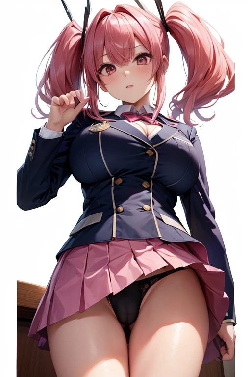 (((Lower Body、Shooting from below))、(((Accentuate the crotch)))、Highest quality, 8k, masterpiece :1.3)), whole body, Sharp focus :One Girl,Glowing Skin,SSexy pose,Highest quality,Tabletop,shape,Very delicate and beautiful,Hmph,8k壁紙,wonderful,In detail,Official Art,Very detailedなティッカーUnity 8k壁紙,Incredibly ridiculous,Large file size,Very detailedな,High resolution,Very detailed,Beautiful detailed,Realistic,X-ray,The queue is full,(((Uniform Blazer、mini skirt)))、(((Big Breasts、Pink Hair)))、(((School、classroom)))、Stand upright、Cleavage , ((Long pink hair))、Uniform Blazer、exy pose、Hairstyle: Twin tails、both hands、