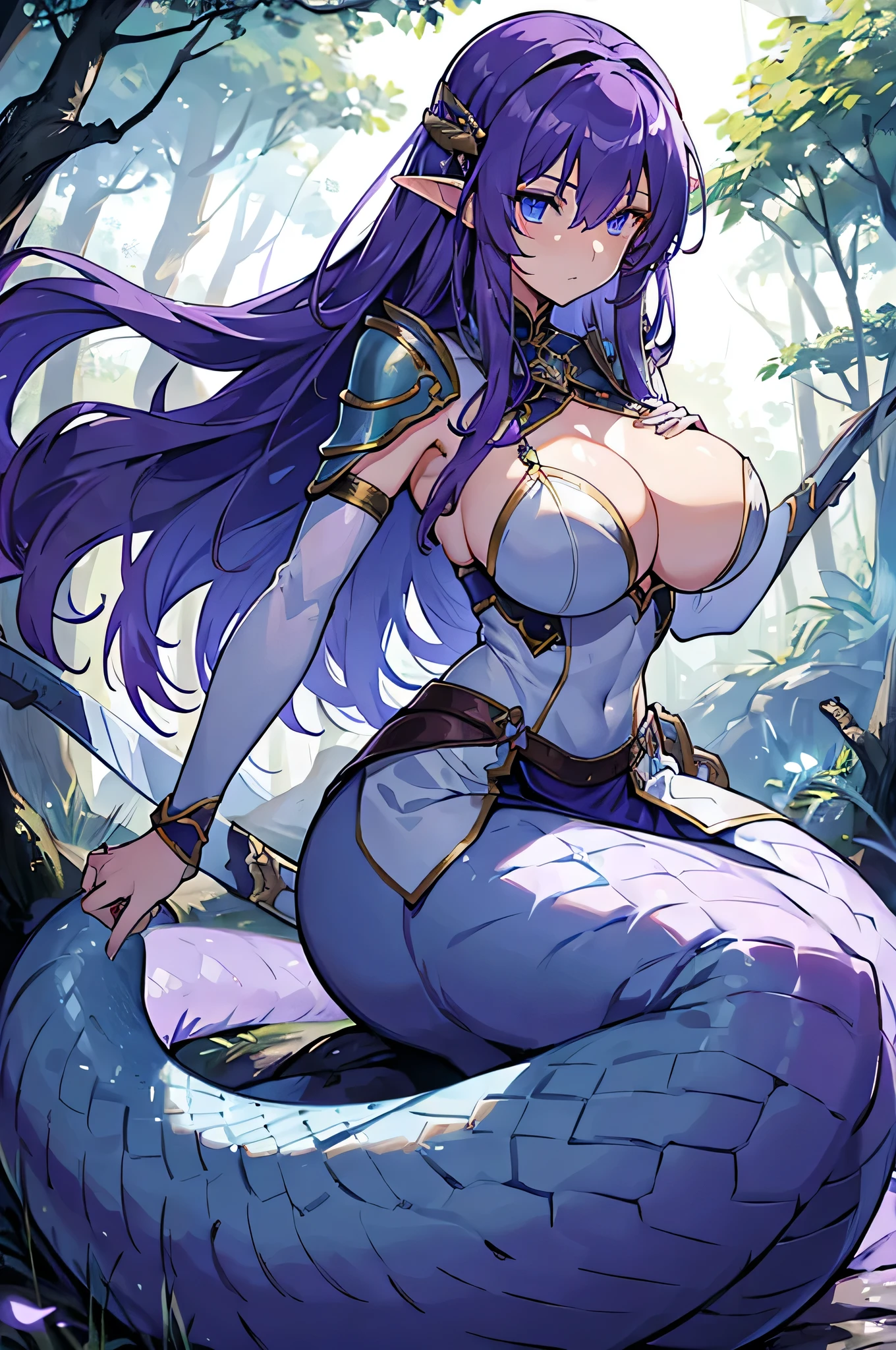 4K,High resolution,One Woman,lamia,Purple Hair,long hair,Blue Eyes,Huge boobs,Swordsman,White Armor,hair band,Jewelry decoration,Long sword,in the forest