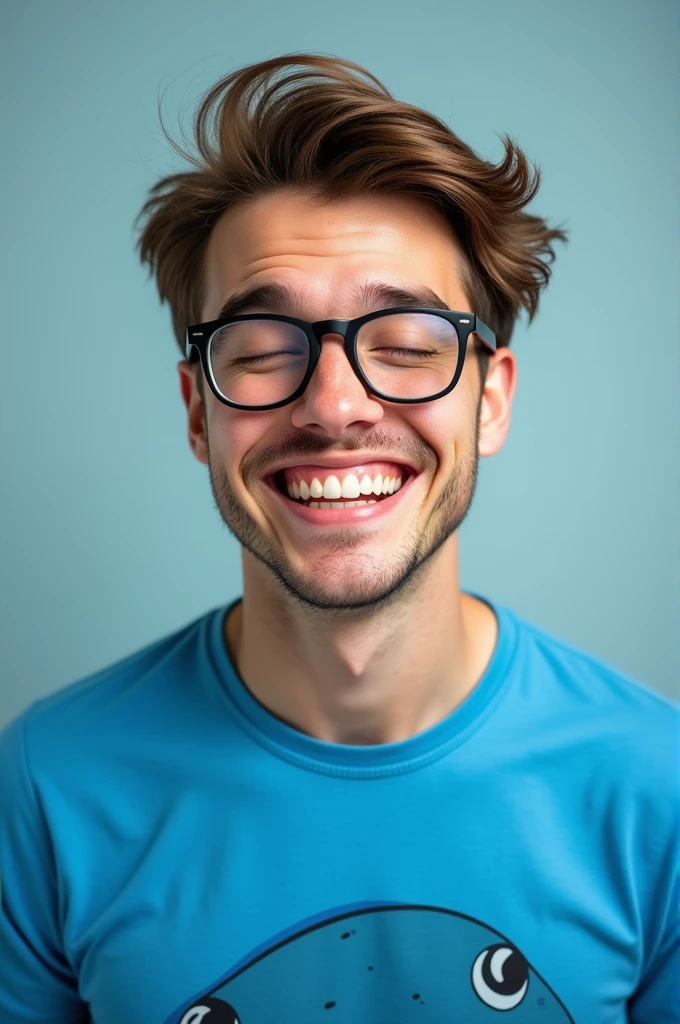 Make a guy with brown hair with glasses while smiling close eyes and have a blue shirt with shark