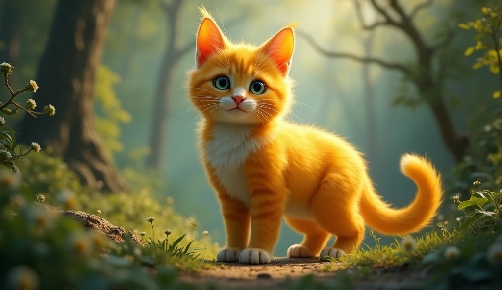 a beautiful young cat, yellow fur, stunning, handsome, in a forest setting, 40cm tall, mythical world, (best quality,4k,8k,highres,masterpiece:1.2),ultra-detailed,(realistic,photorealistic,photo-realistic:1.37),hyper realistic,intricate details,vibrant colors,dramatic lighting,captivating pose,nature background,fantasy atmosphere, Disney