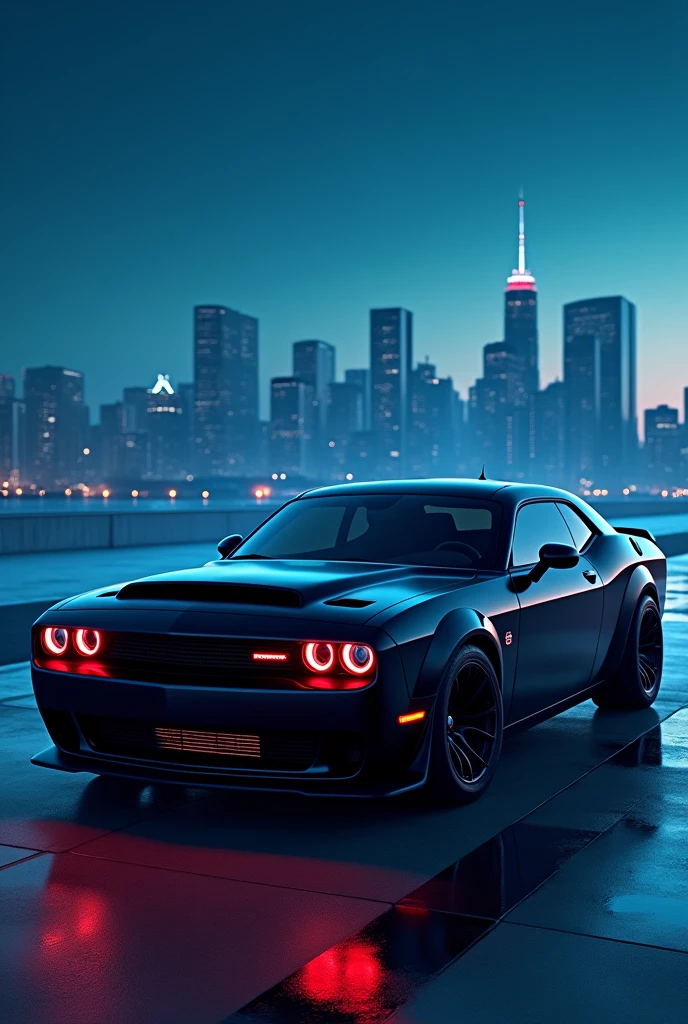 Dodge challenger hellcat redeye with mate black with carban emission at neo blue night background with city toward