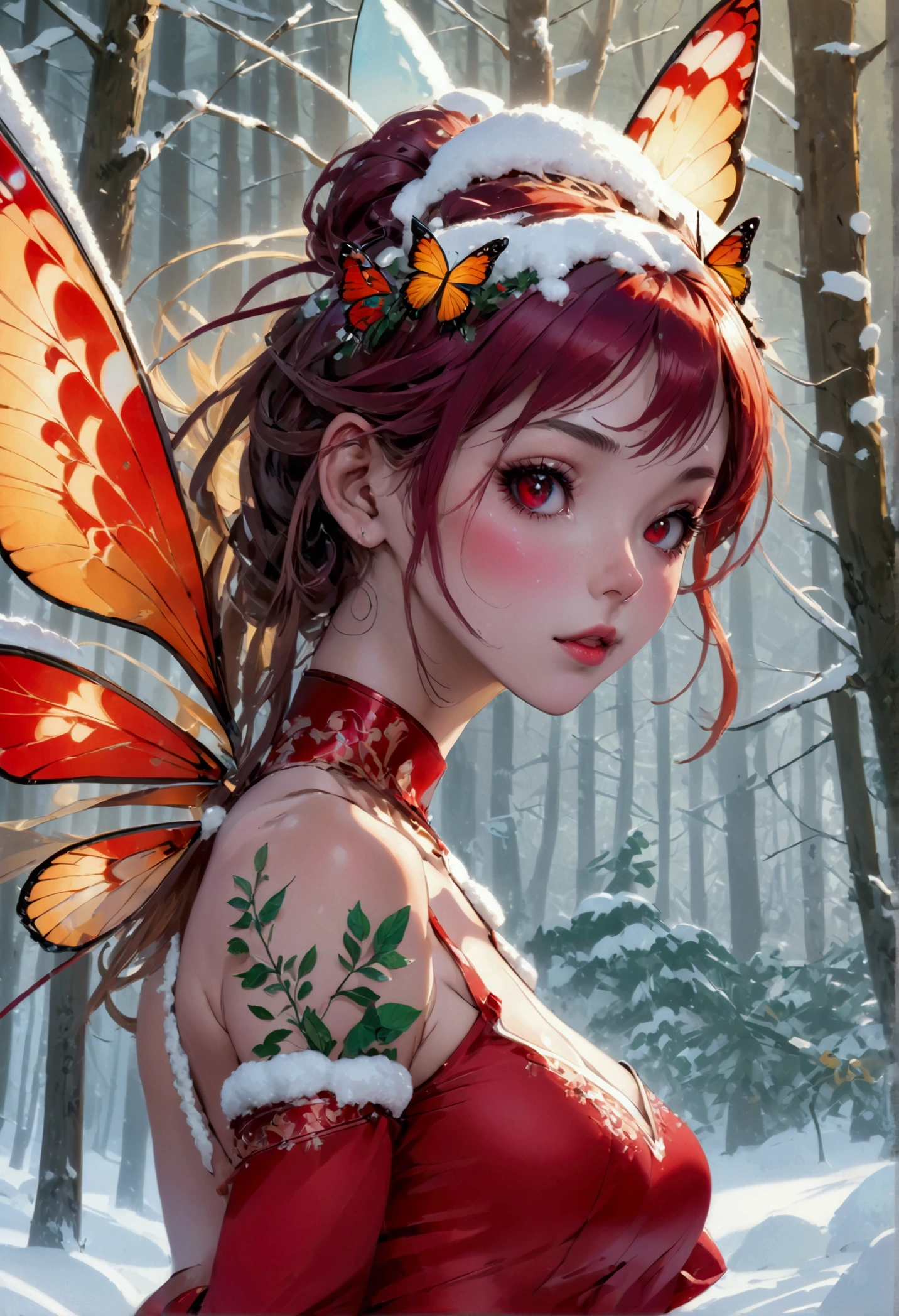 (oil painting art: 1.5) a most beautiful fairy playing in the snow, a beautiful fairy, ((full body shot: 1.5)), (best detailed face: 1.3), spread butterfly wings, dynamic hair color, dynamic hair style, busty, wearing red silk dress, intricate silk, wearing high heels boots, she is playing the snow, fresh snow in the forest, high snow, long shot, High Detail, Ultra High Quality, High Resolution, 16K Resolution, Ultra HD Pictures, Ultra Realistic, Clear Details, Realistic Detail, Ultra High Definition, DonMF41ryW1ng5XL, Cryptic Paladin 001