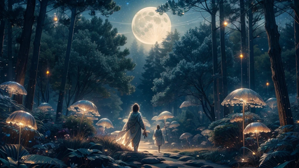 Moonlit Angelic Forest, A mystical forest on the outskirts of the angelic city, bathed in the light of a full moon. The trees are tall and ancient, with silver leaves that shimmer in the moonlight. A soft mist floats above the ground, and delicate, glowing flowers bloom in the shadows. Angels with translucent wings fly among the trees, their silhouettes barely visible against the starry night sky, Dynamic pose, Strong contrast, Good depth of field, 8K wallpaper, Masterpiece, Aesthetic illustration in realistic style, best quality, natural light, high res, highly detailed, All the colors and materials in this work are very harmoniously combined, bioluminescent flora