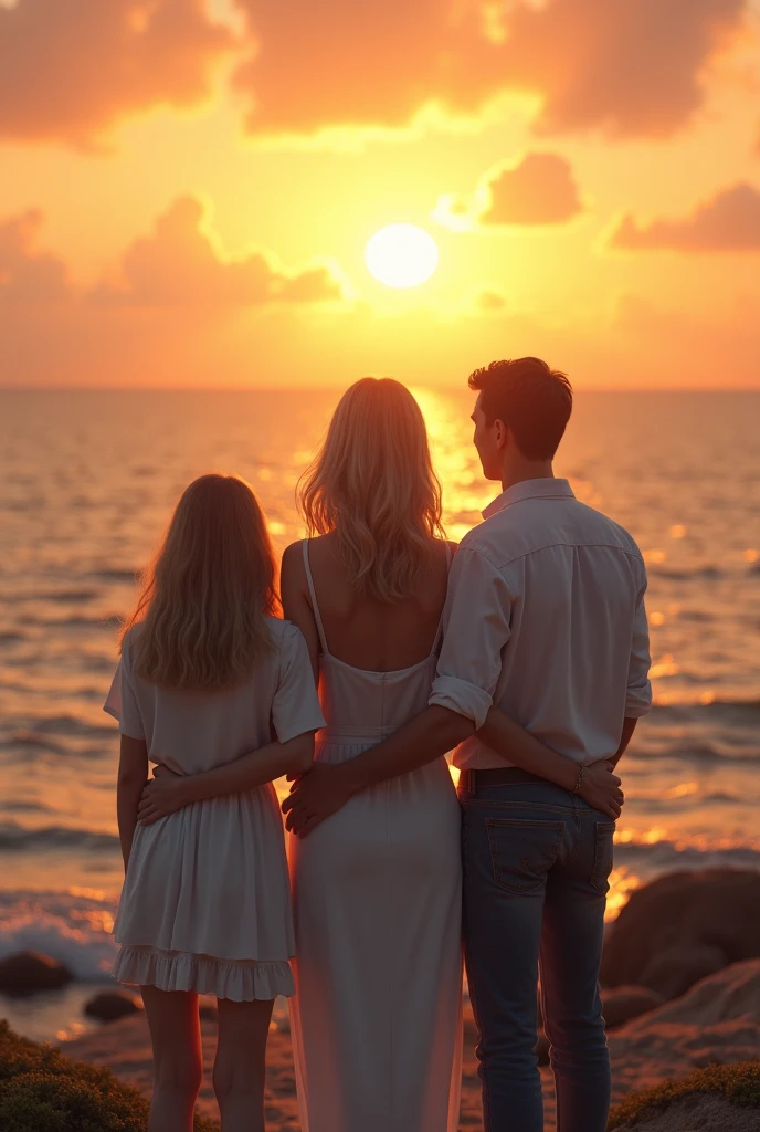 blonde, Medium hair, backwards, watching the sunset of the sea, with her adult daughter and her son and her husband on either side