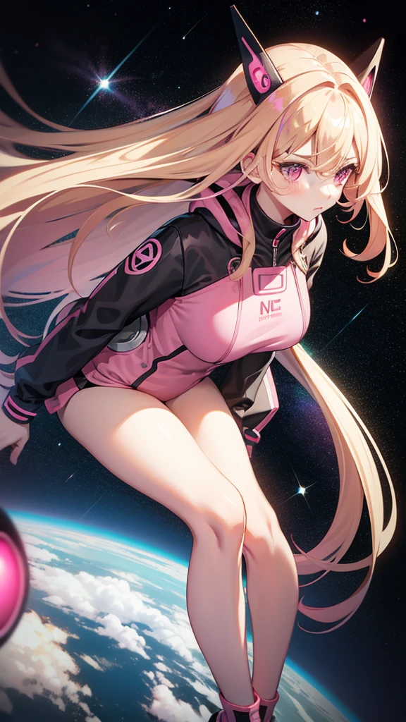 One adult woman, pink eyes, long blonde hair, space, black-pink plug suit