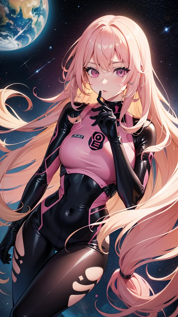 One adult woman, pink eyes, long blonde hair, space, black-pink plug suit